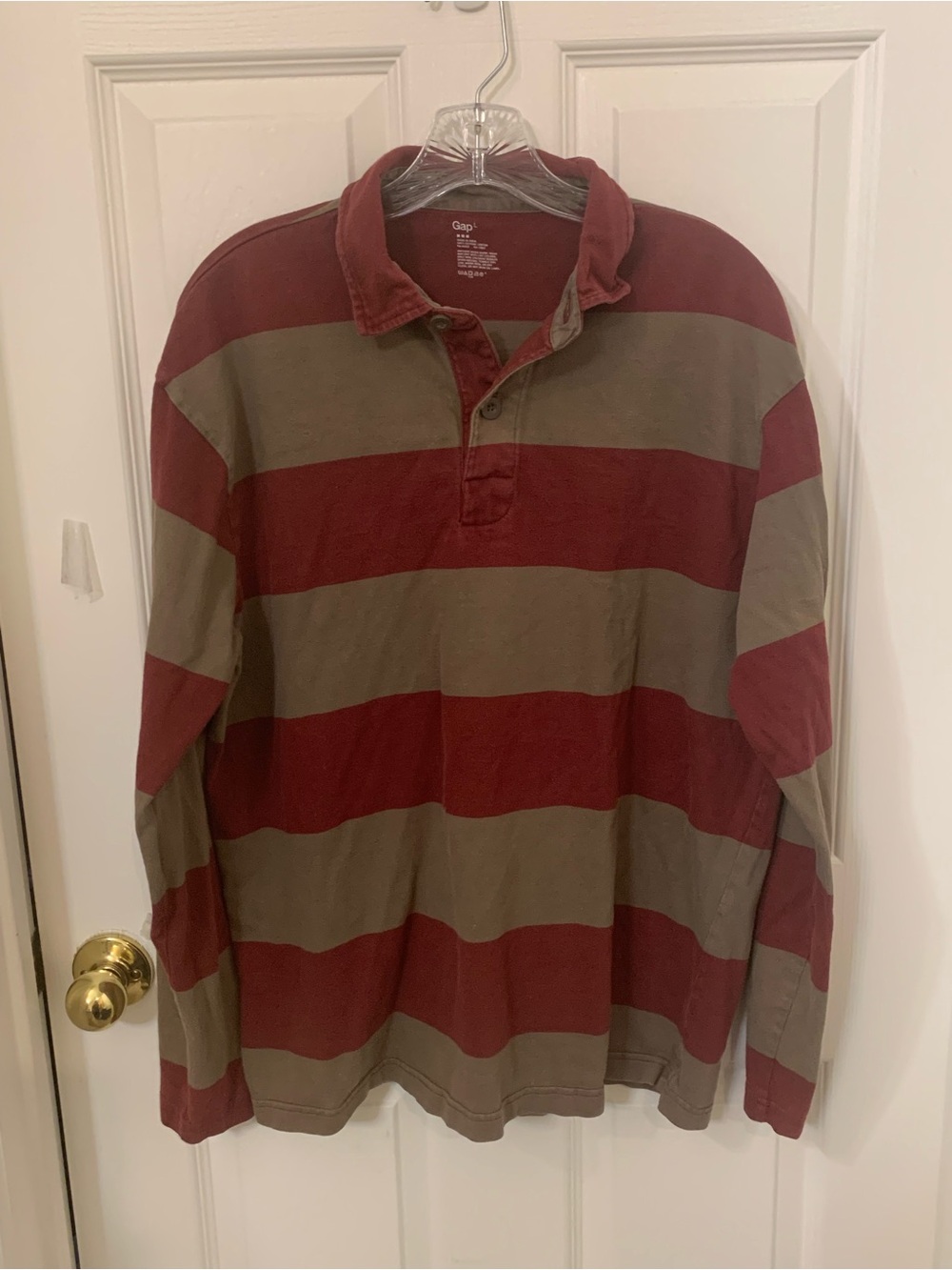 GAP Long-Sleeve Burgundy and Olive Striped Rugby Polo